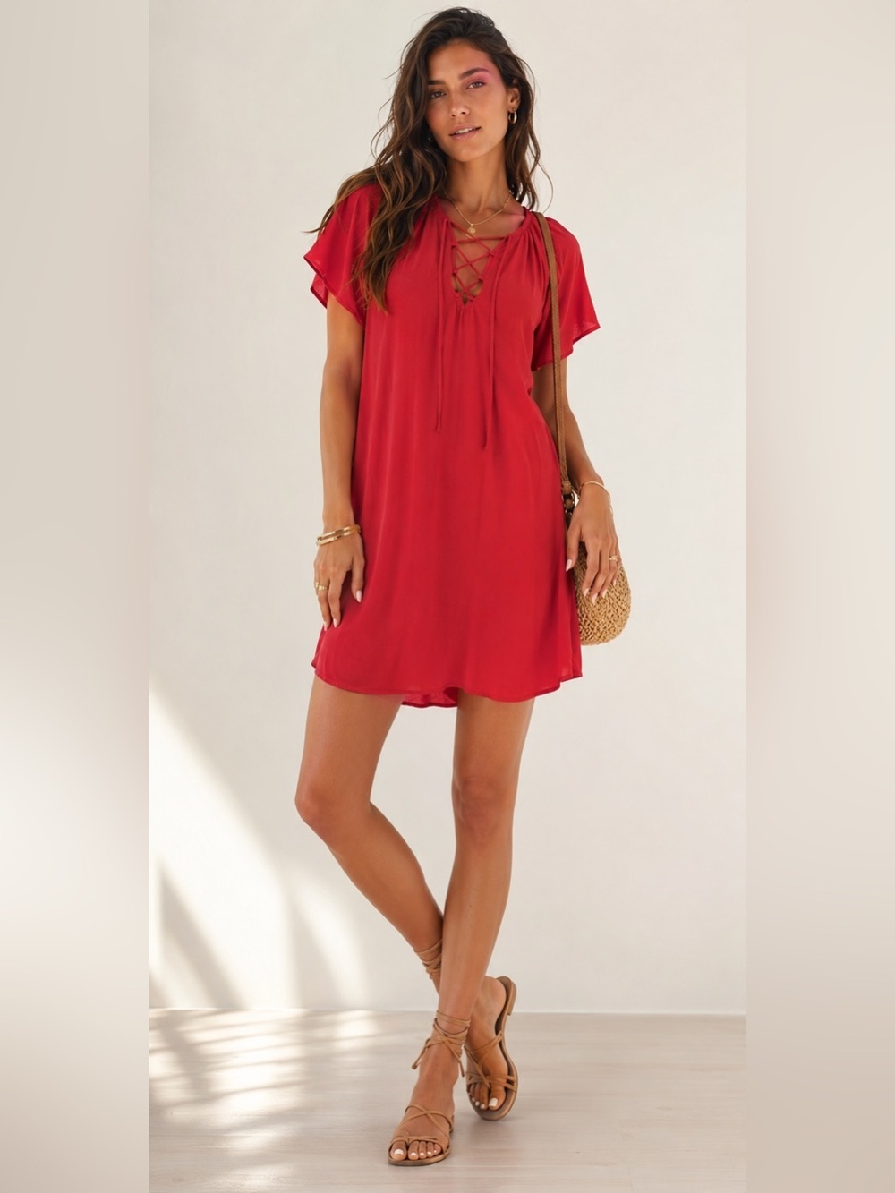 NEW • Madewell • Lace Up Flutter Sleeves Dress Red